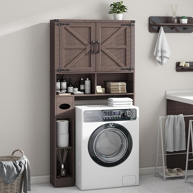 Vabches Over The Toilet Storage Cabinet, Farmhouse Storage Cabinet Over Toilet with Barn Doors & Toilet Paper Holder Stand,Home Space-Saving Toilet Rack, for Laundry, Bathroom, Restroom(Espresso).