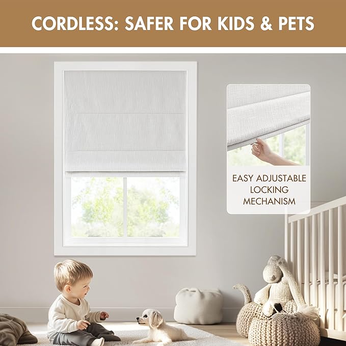 Madison Park Cordless Roman Shades, Total Blackout Window Blind Privacy Window Shades, Thermal Insulated Cordless Window Treatment for Bedroom, Living Room, Quincy, Single Panel 29" W X 64" H White
