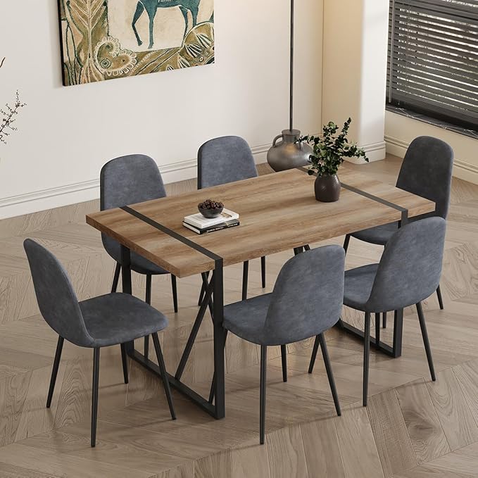 6 Chair Dining Table Set,Dinner Table Set for 6, 55'' Kitchen Table and Suede Nap Fabic Chairs Set of 6, 7 Piece Dining Table Set for Kitchen Dining Room