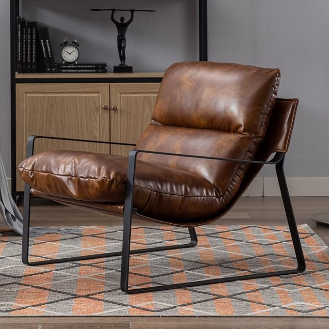 LukeAlon Modern PU Leather Accent Armchair, Upholstered Soft Living Room Chair with Black Metal Frame Thickened Cushion Single Sofa Chair Comfy Lounge Chair for Bedroom Living Room, Brown