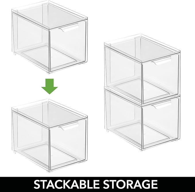 mDesign Plastic Pantry Organization and Storage Bin w/Pull Out Drawer - Slim Stackable Kitchen Supplies Storage Container for Organizing Cabinet, Fridge, Freezer - Lumiere Collection - 4 Pack - Clear