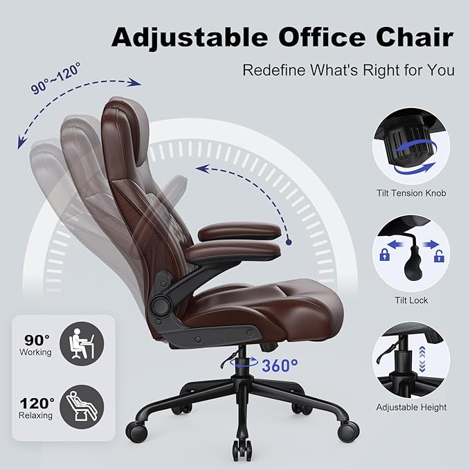 Ergonomic Executive Office Chair for Big & Tall - 500lbs Capacity with Lumbar Support & Flip-Up Armrests, Heavy Duty PU Leather Computer Desk Chair, Brown