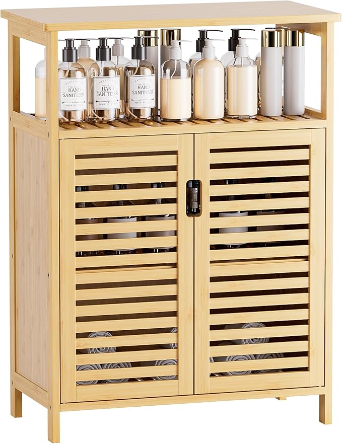 HITNET Bathroom Cabinet Freestanding, Bamboo Storage Cabinet 4-Tier Floor Cupboard with Door and Shelf for Bathroom, Kitchen, Hallway, Natural