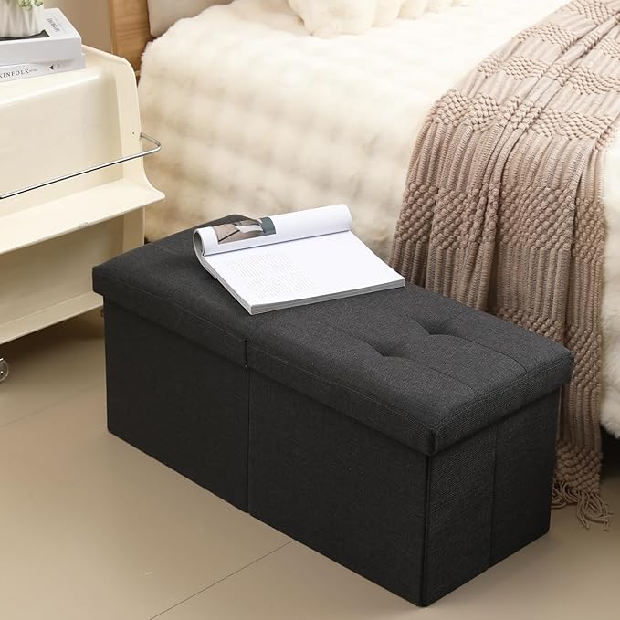 CUYOCA Storage Ottoman Bench Foldable Seat Footrest Shoe Bench End of Bed Storage with Flipping Lid, 75L Storage Space, 30 inches Linen Fabric Black