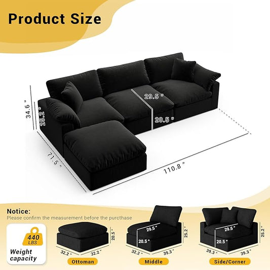 Cloud Modular Couch for Living Room,L Shape Linen Blend Sofas,Modern Deep Seat Cloud Sofas,Convertible Comfort Down Filled Sectional Couches,Removable Washable Cushion Covers,Black