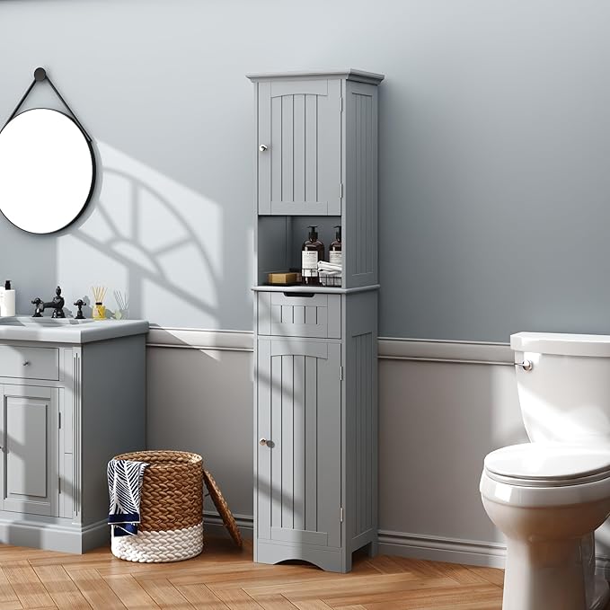 ChooChoo 67" Tall Bathroom Storage Cabinet Freestanding with Adjustable Shelves, Narrow Storage Linen Cabinet with 2 Doors and 1 Drawers for Bathroom, Living Room, Kitchen, Grey