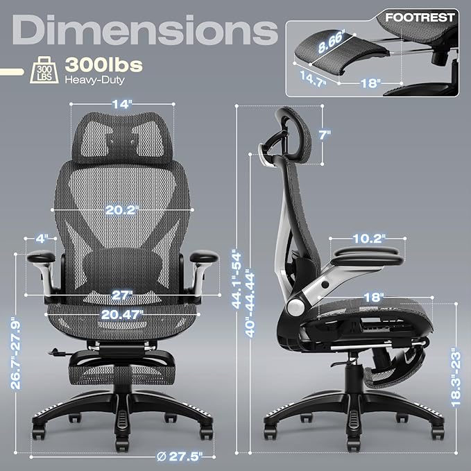 ELABEST X100 Ergonomic Office Chair with Footrest, Big and Tall Home Desk Chair with 5D Flip-Up Arms, Adjustable 3D Lumbar Support,High Back Rolling Computer Chair, Swivel Mesh Chairs (Midnight Mist)