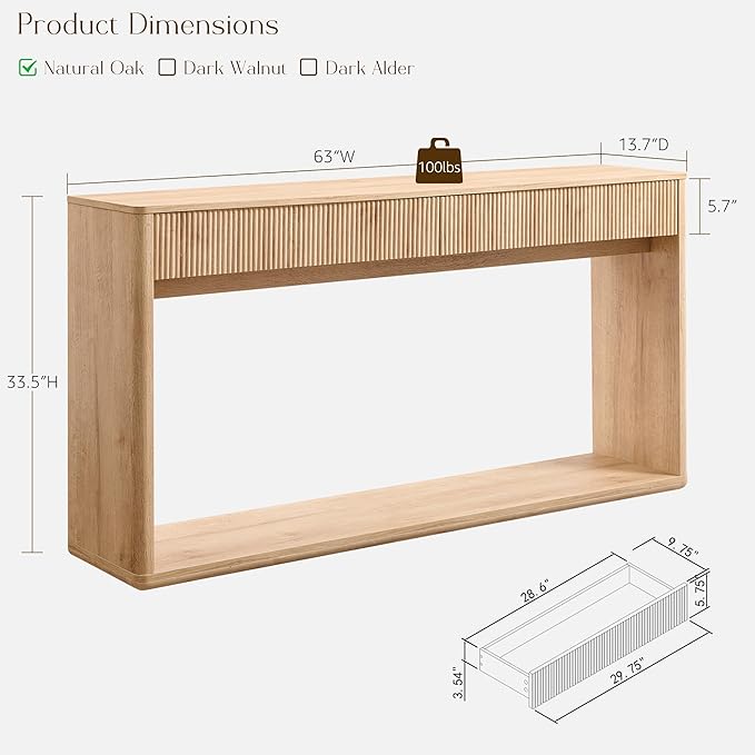 OKD 63" Fluted Console Table for Entryway, Modern Entryway Table with 2 Large Drawers, Long Sofa Table Behind Couch for Living Room, Hallway, Couch, Foyer,Natural Oak