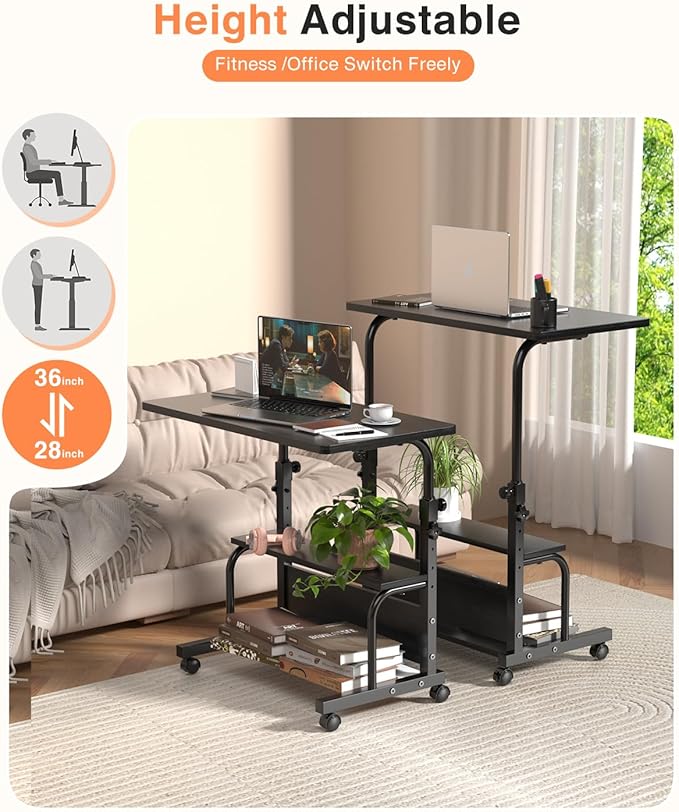 Portable Rolling Desk on Wheels Adjustable Height Desks for Small Spaces, 32" Computer Desk with Storage Shelves for Home Office Black