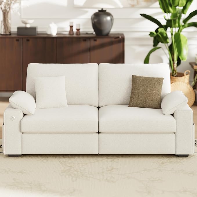 76" Loveseat Sofa, Cloud Foam Couch, 3 Seater Upholstered Midcentury Mondern Love Seat with USB Type C Ports, 4 Pillows and Flip-Open Storage Armrest for Living Room/Small Spaces, Beige