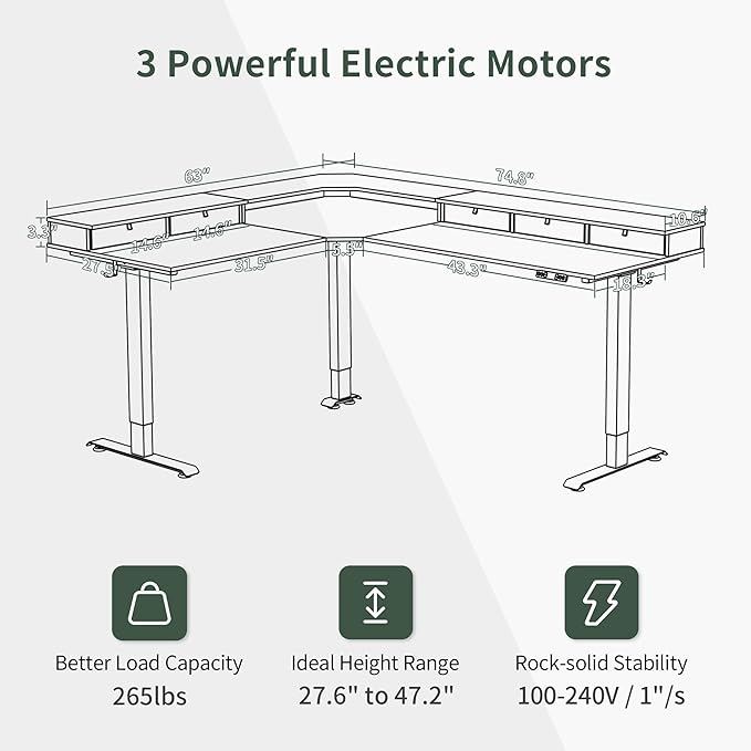 FEZIBO 75", 265lbs Load Capacity, L Shaped Standing Desk with Drawers, Reversible Electric Standing Gaming Desk Adjustable Height, Corner Stand up Desk with Splice Board, Black Frame/Black Walnut Top