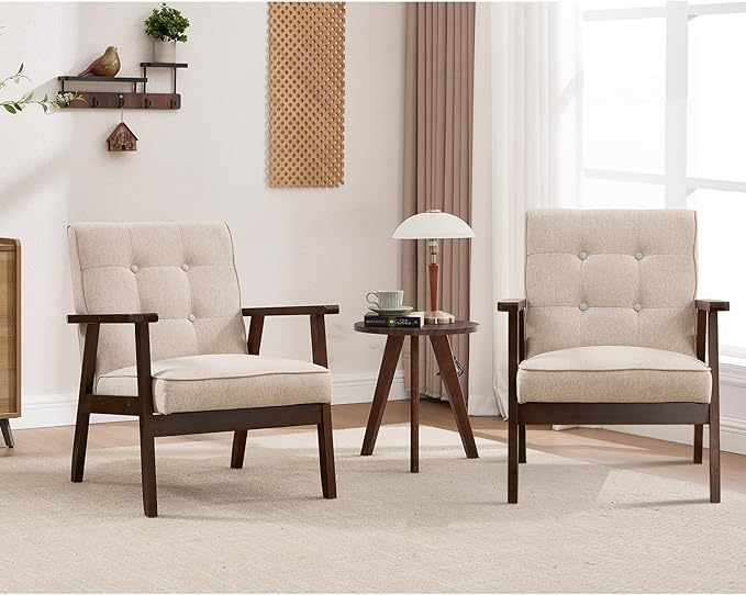ANJ Mid Century Modern Accent Chairs Set of 2, Tufted Fabric Armchair with Solid Wood Frame, Comfy Retro Side Chair Reading Chair for Living Room, Bedroom,Beige