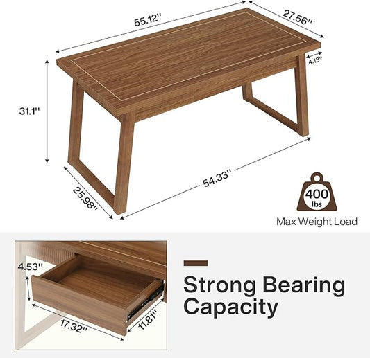 Tribesigns Home Office Executive Desk: 55 Inches Wooden Computer Desk with Drawer, Mid-Century Modern Study Writing Table, Rustic PC Laptop Desk Workstation Furniture, Walnut Brown