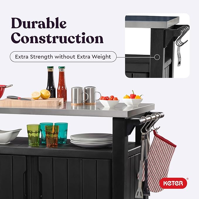 Keter Unity XL Portable Outdoor Table with Stainless Steel Top for Kitchen Prep and Outdoor Storage Cabinet for Grilling Accessories, Dark Grey