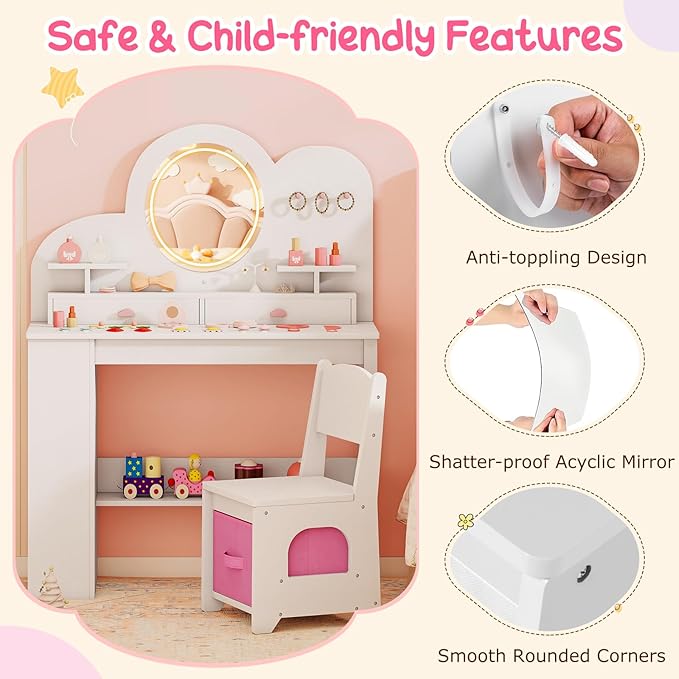 Costzon Kids Vanity, Girls Vanity Set with Lighted Mirror, Bookshelf, Drawers, Hooks & Storage Shelves, Toddler Makeup Vanity Desk Dressing Table, Wooden Kids Vanity Table and Chair Set (White)
