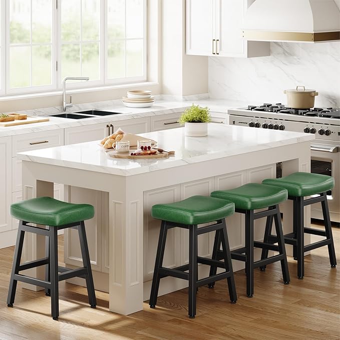 Counter Height Bar Stools Set of 3, 24 Inch Barstools for Kitchen Counter, Kitchen Stools with Faux Leather Saddle Seats & Heavy Duty Metal Legs, Easy Assembly, Forest Green