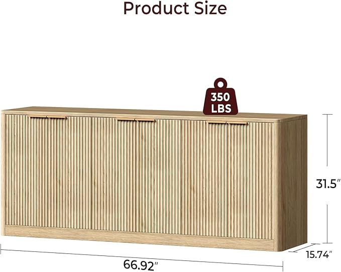 Evermagin 67" Fluted Oak Buffet Cabinet Sideboard with Storage, Large Credenza with 6 Doors, Wood Mid Century Modern Sideboard for Kitchen and Living Room (67"*31.5"*15.7")