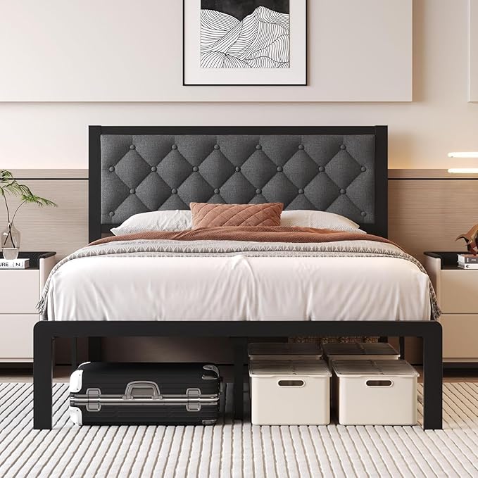 Full Bed Frame with Headboard Linen Upholstered Bed Frame Platform,All Metal Slats Support Platform Bed Frame with Storage Space,Easy Assembly,Noise Free,No Box Spring Needed,Grey