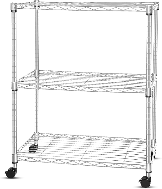 Whitmor 3 Tier Storage Shelving, Heavy Duty with Wheels, Adjustable Steel Organizer, 400 lbs Capacity per Shelf, Max 1200 lbs Total for Garage, Kitchen, Bathroom, 24" L x 14" W x 20" H, Chrome