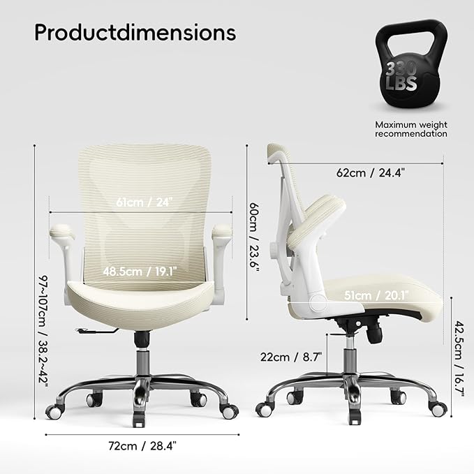 Office Home Ergonomic Desk Chair-Computer X-Shaped Chair Mesh PU Leather with Adjustable Lumbar Support-Executive Chair High Back Flip-Up Arms for Long Hours (Beige-No Headrest)