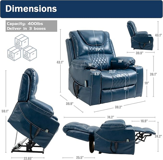 Dual Motor Power Lift Recliner Chair for Adults Elderly, Lay Flat Faux Leather Recliners with Massage Heating, Infinite Position, 2 Cup Holders, 2 Side Pockets, Up to 400LBS