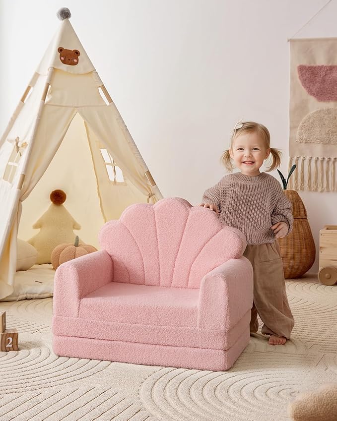 Blissful Diary Kids Couch, 2-in-1 Soft Toddler Couch Fold Out, Toddler Chair Comfy, Convertible Sofa to Lounger, Kids Furniture for Playroom, Gift for Birthday, Children's Day, Pink Shell