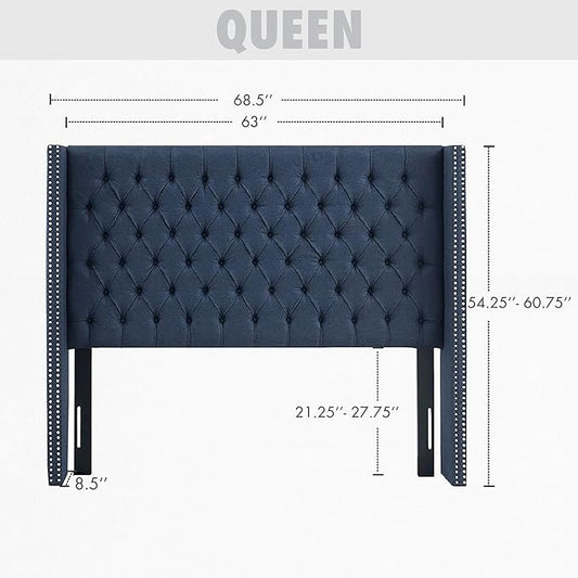 Madison Park Queen Button Tufted Headboard, Adjustable Upholstered Transitional Wingback Headboard, Nailhead Trim, Wooden Frame, Black Metal Legs, Flush Flat Back, Vintage Bedroom Décor Amelia - Navy