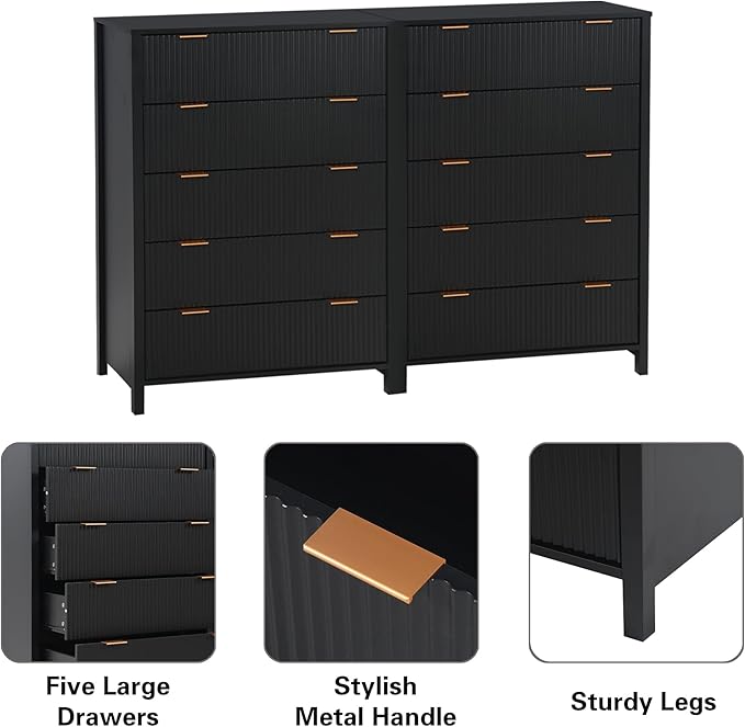 5 Drawer Double Dresser for Bedroom, Modern Wide Chest of Drawers with Fluted Panel Design,Wood Storage Dressers Chest of Drawers for Bedroom Living Room Hallway Closet,Black,2 Sets