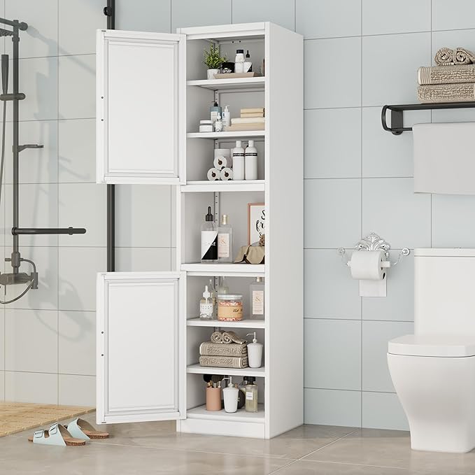 Tall Narrow Storage Cabinet 66.93" H Tall Bathroom Cabinets Metal Pantry Cabinet, 4 Adjustable Shelves for Kitchen, Home Office, Living Room, Dinning Room (16 inches Wide White)