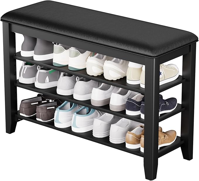 Entryway Shoe Storage Bench with Leather Cushion, Shoe Organizer Bench for Entryway, Ideal for Hallways Front Doors Entrances Mudrooms Featuring Rubberwood And 3 Height-Adjustable & Removable Shelve