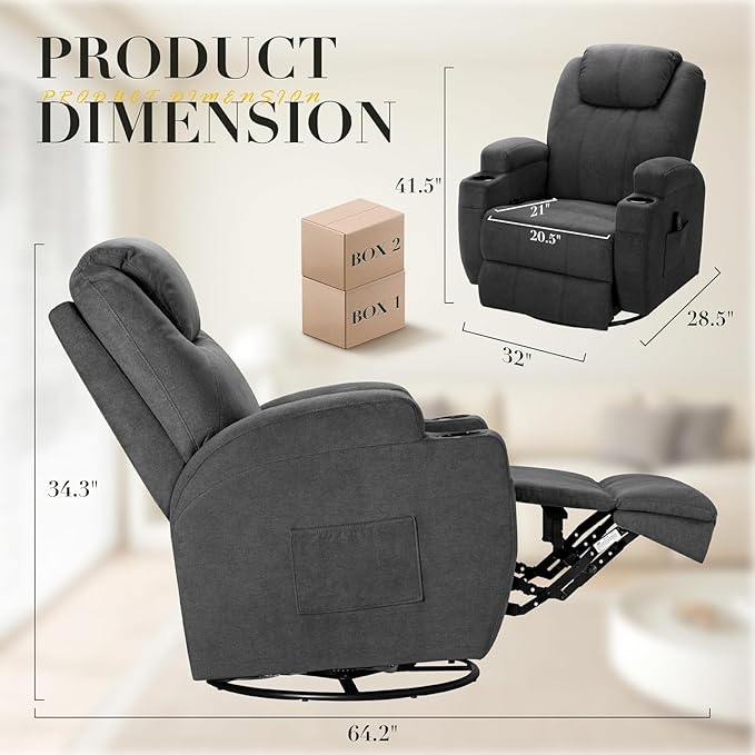 Recliner Chair, 360° Swivel Rocker Chair for Adults, Rocking Recliner Chair with Massage, Comfy Single Sofa with Side Pockets Cup Holders for Living Room, Bedroom, Nursery (Fabric, Dark Gray)