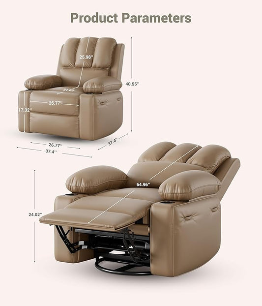 27" Oversized Power Recliner Chair, Faux Leather Rocking Chair with Heat & Massage, 360° Swivel Modern Electric Recliner with Cup Holder & USB Charging for Living Room, Bedroom, Nursery - Khaki