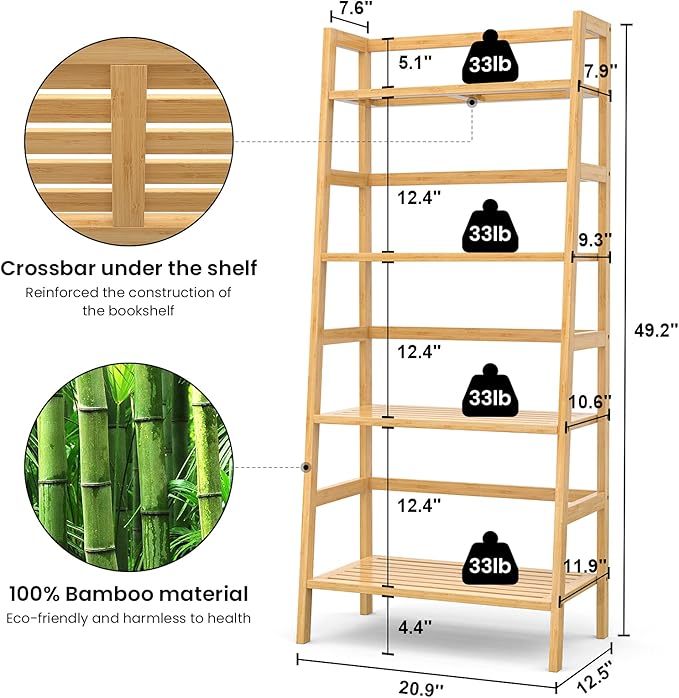 Homykic Bamboo Bookshelf 4-Tier Ladder Shelf, 49.2” Freestanding Open Bookcase Book Shelf Bathroom Storage Shelf Unit Plant Stand for Small Space, Bedroom, Living Room, Home Office, Natural