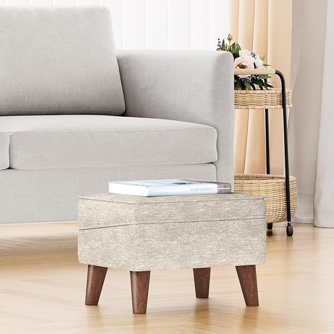 Ottoman Foot Rest, Small Footstool Ottoman with Storage, Modern Foot Stool with Adjustable Lid and Sturdy Wood Legs for Living Room, Bedroom, Couch, Enterway (Beige)