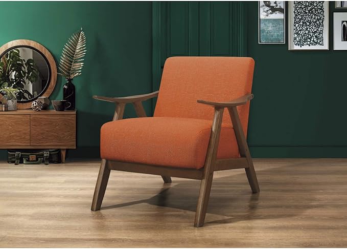 Lexicon Mid Century Modern Accent Chair with Solid Wood Frame in Walnut Finish, Upholstered Living Room Lounge Arm Chair, Thick and Comfy Innerspring Seat Cushion, Linen-Look Fabric, Orange