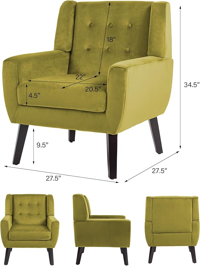 Accent Chair, Mid-Century Modern Velvet Fabric Chairs with Arms for Living Room, Comfy Upholstered Club Single Sofa Armchair for Bedroom Waiting Room with Solid Wood Frame (Velvet Green, Set of 2)