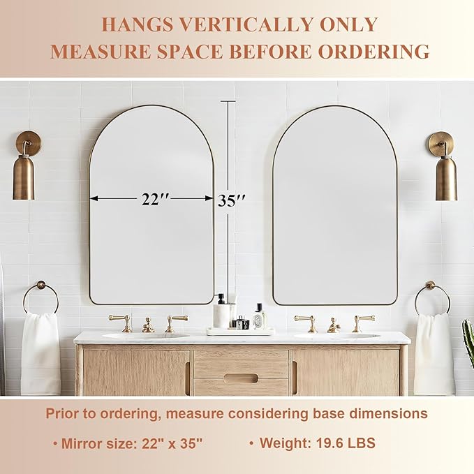 ANDY STAR Arched Mirror, 22" x 35" Gold Bathroom Mirror in Stainless Steel Metal Frame, Arch Top Rounded Corner 1" Deep Set Design Wall Mount Hangs Vertical
