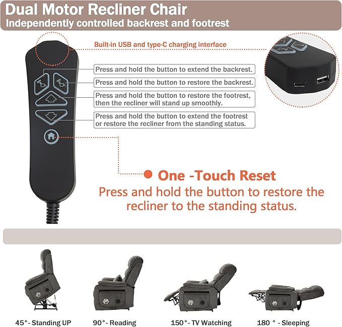 Power Lift Recliner Chair for Adults Elderly Chenille Lay Flat Recliners with Massage Heat, Extended Footrest, Wireless Charging Device, USB Ports, Cup Holder, Lumbar Pillow Up to 400LBS