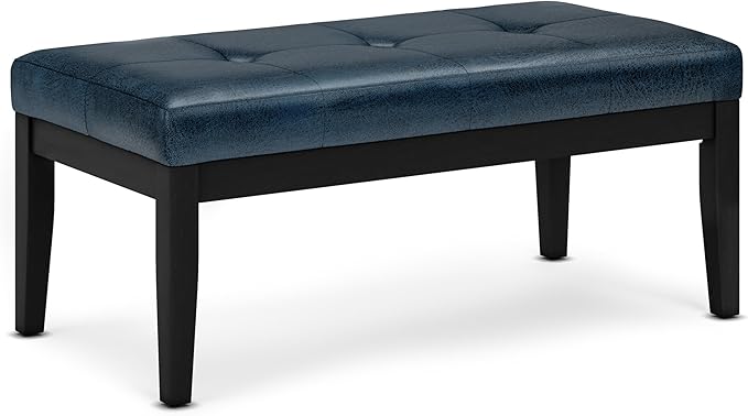 SIMPLIHOME Lacey 41 inch Wide Contemporary Rectangle Tufted Ottoman Bench in Distressed Dark Blue Vegan Faux Leather, Assembled, For the Living Room and Bedroom