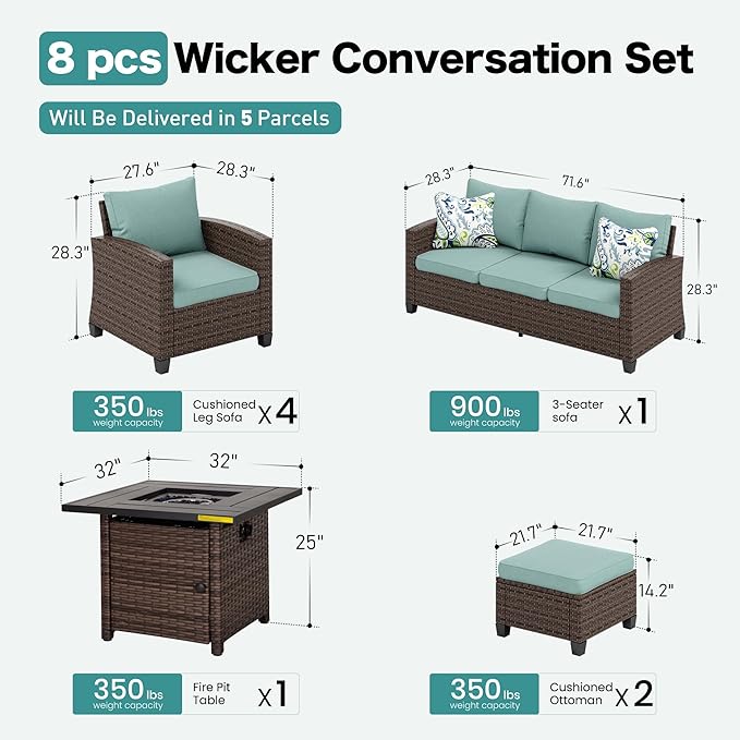Patio Furniture Set Outdoor Furniture Brown Wicker Rattan Patio Conversation Sets with Cushion Outside Sofa Set,7 Pieces with Firepit Table,9 Seats,Blue