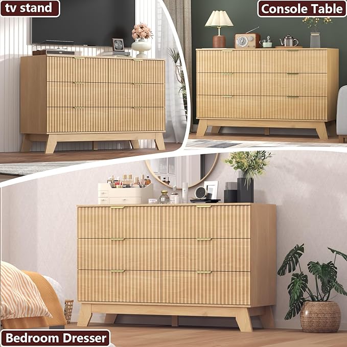 Fluted Dresser for Bedroom,6 Drawer Dresser for Closet,47" Wide Storage Cabinet and Chest of Drawers with Gold Handle,TV Stand,Storage Organizer for Living Room,Hallway,Entryway,Nature Oak