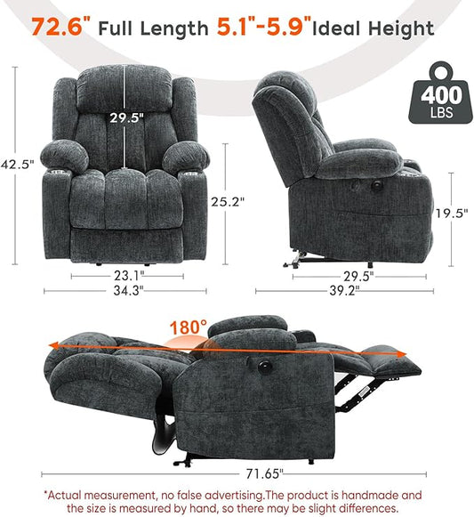 ABCASA Large Dual Motor Lay Flat Power Lift Recliner Chair for Elderly with Heat & Massage, Comfortable Chenille Recliner, Cup Holder, Side Pocket,USB-A & C Ports, Gray Blue