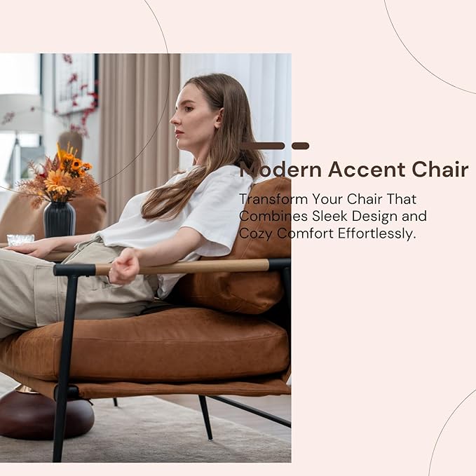 Mid-Century Accent Chair, Soft Armchair PU Leather Lounge Chair with Black Metal Legs, Upholstered Leisure Chair for Living Room Bedroom Reception Room, 1PC, Brown