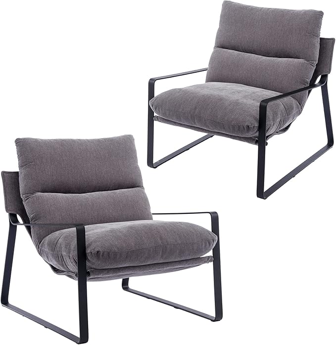 DUOMAY Modern Accent Arm Chair Set of 2, Comfy Linen Lounge Lazy Chair with Metal Leg, Mid-Century Corner Chair for Living Room Bedroom Office Apartment, Grey