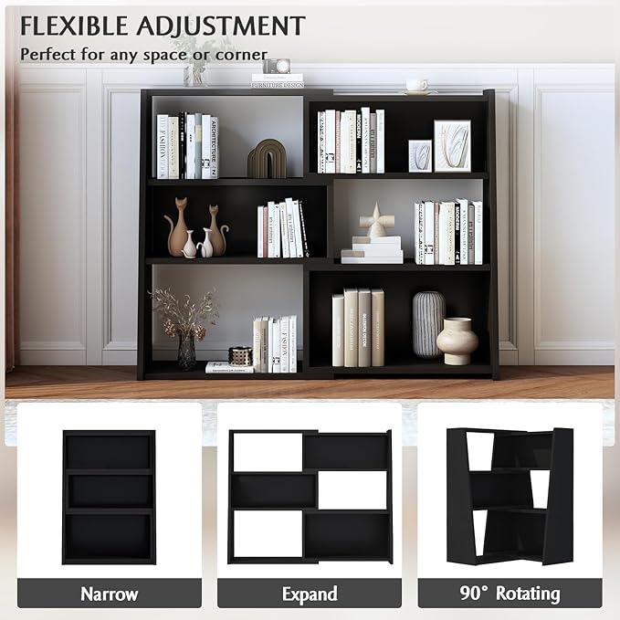 IOTXY Wooden Extendable Shelf Bookcase - 3-Tier Ladder Low Short Bookshelf for Small Space or Corner, Black, S