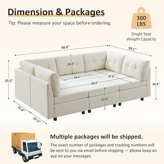 VANOMi 5 Seat Modular Sectional Sofa with Ottoman, Convertible Modular Cloud Sofa Bed, Comfy Chenille Sofas & Couches for Living Room, Apartment, Office, Beige, Sofa Bed