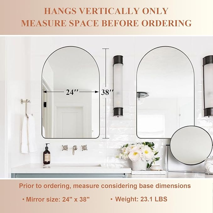 ANDY STAR Arched Mirror, 24" x 38" Brushed Nickle Bathroom Mirror in Stainless Steel Metal Frame, Arch Top Rounded Corner 1" Deep Set Design Wall Mount Hangs Vertical
