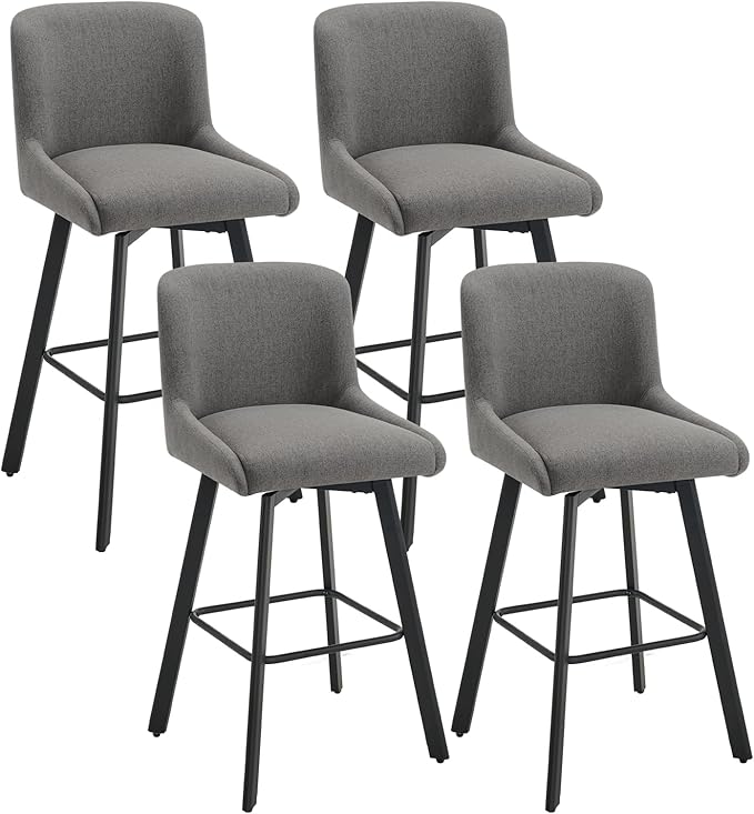 Swivel Bar Stools Set of 4, 30''H Upholstered Barstools with Backs, Modern Counter Height Bar Stool Chairs for Kitchen Island, Metal Legs, Fabric, Gray Counter Stools