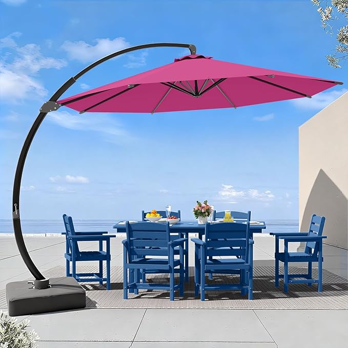 7 Piece Patio Dining Set with 11ft Patio Umbrella (Rose Pink), 7 Navy Outdoor HDPE Dining Set with 6 Chairs + 1 Large Table, for Market, Pool, Garden, Backyard, Deck