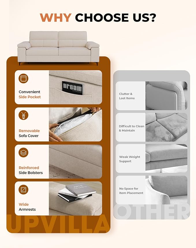 88.97" Modern Couches for Living Room, Deep Seat Sofa with 8”Cushion, Comfy 2-Seater Chenille Loveseat Sofa with Convertible Armrest, Removable Sofa Cover, High Leg (Beige)